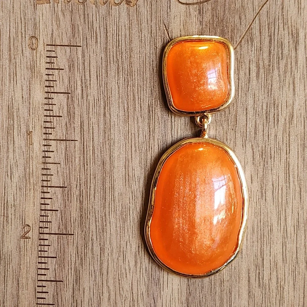 Orange Shimmer Resin Drop Earrings Gold Tone Geometric Statement Dangle 2.0